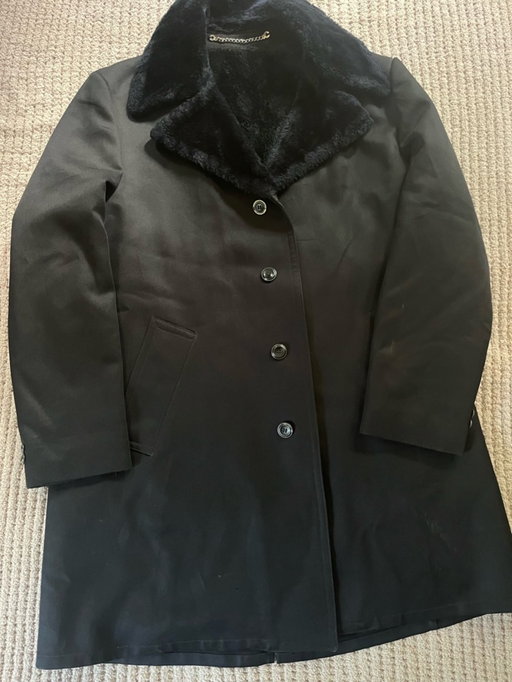 Women's Black Pea Coat with Plush Faux Fur Collar